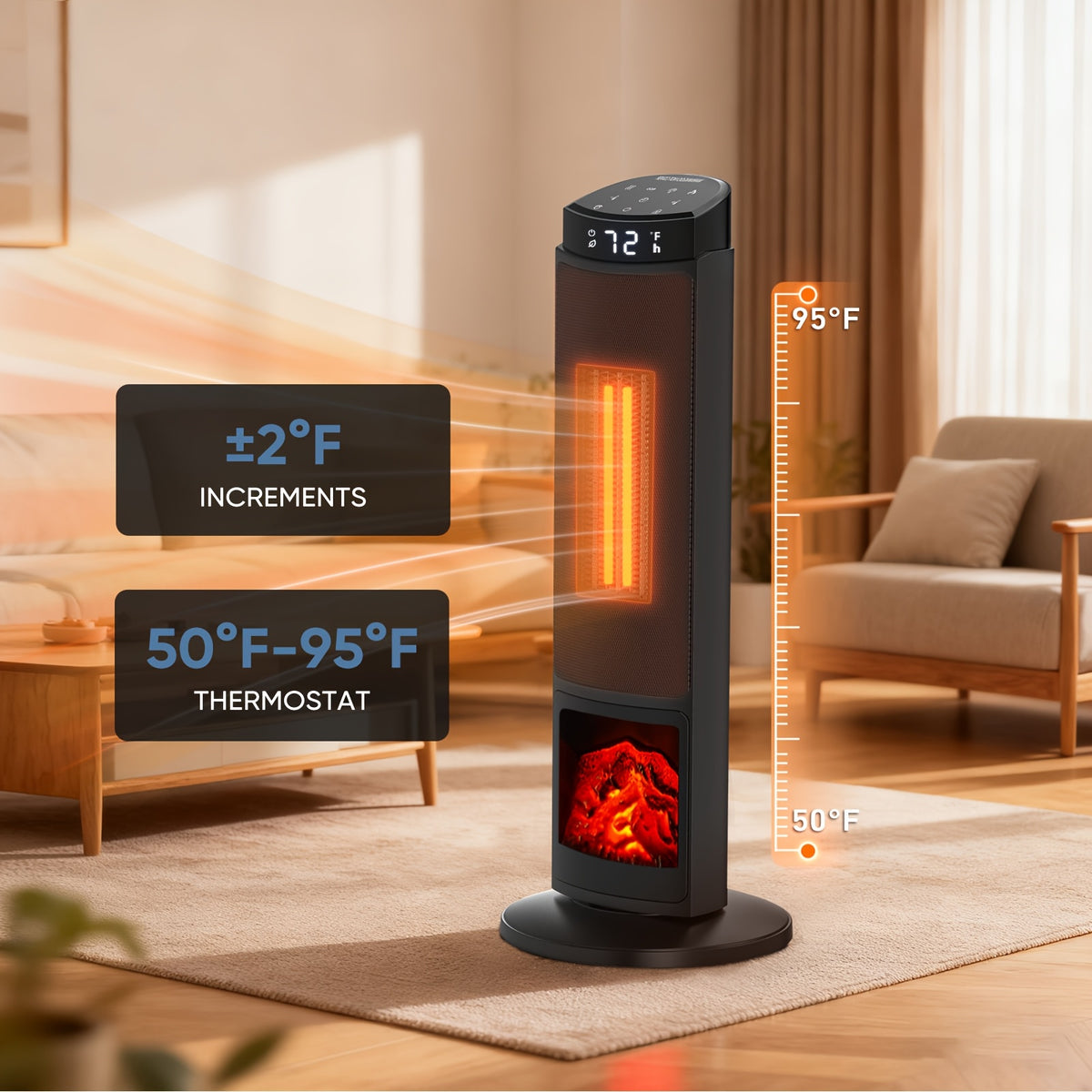 Tower Ceramic Space Heater with Listed 1500W Power, Remote Control, Thermostat, Four Modes and 12-Hour Timer in Round or Square Styles for Supplemental Indoor Warmth