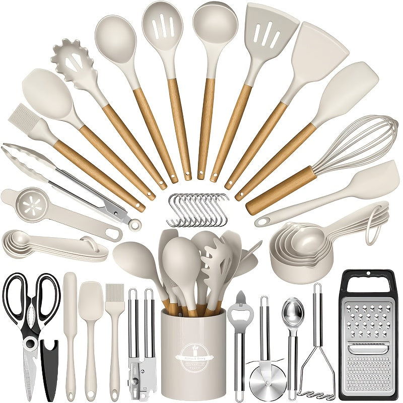 Silicone Cooking Utensil Set, 37 or 44-Piece Kitchen Tool Options in Five Colors for Beginner Cooks, Everyday Meal Preparation and Housewarming Gifts