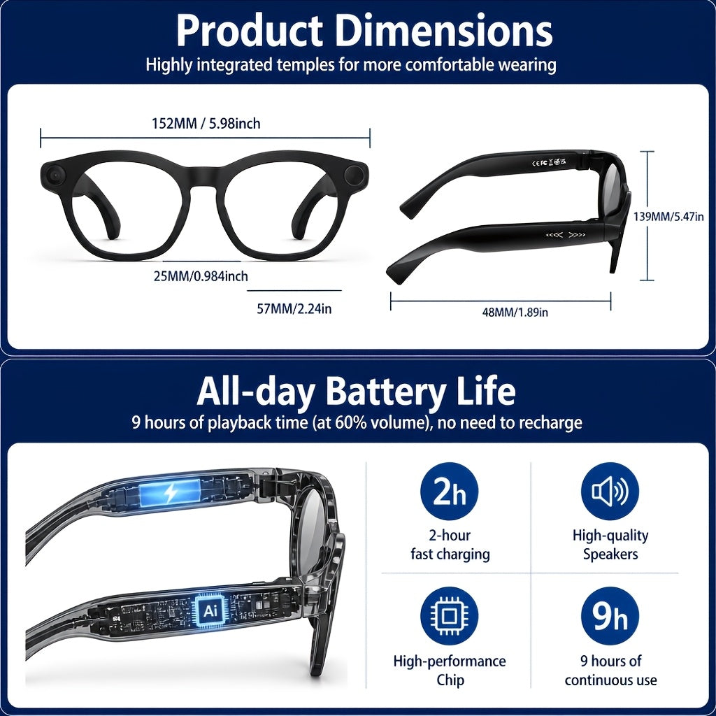 Black Smart Camera Glasses with Listed 8MP Photos, 1080P Video, Photochromic Lenses, Dual Speakers and 260mAh Type-C Charging for Travel and Office Use