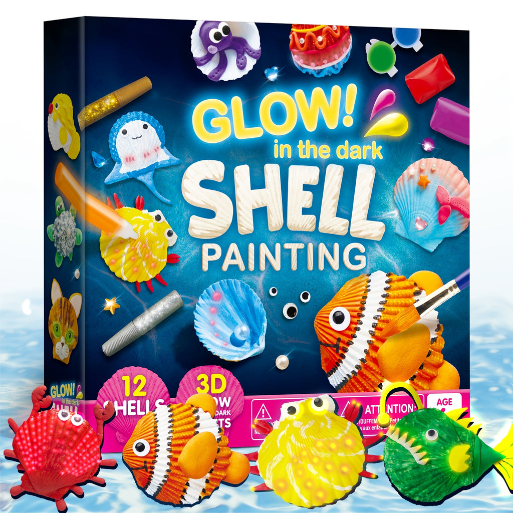 Seashell Painting Kit by SYNCFUN, 12-Shell Ocean Craft Set with 4 Glow-in-the-Dark Paint Bottles and 4 Brushes for Ages 6–12 Supervised Art Activities
