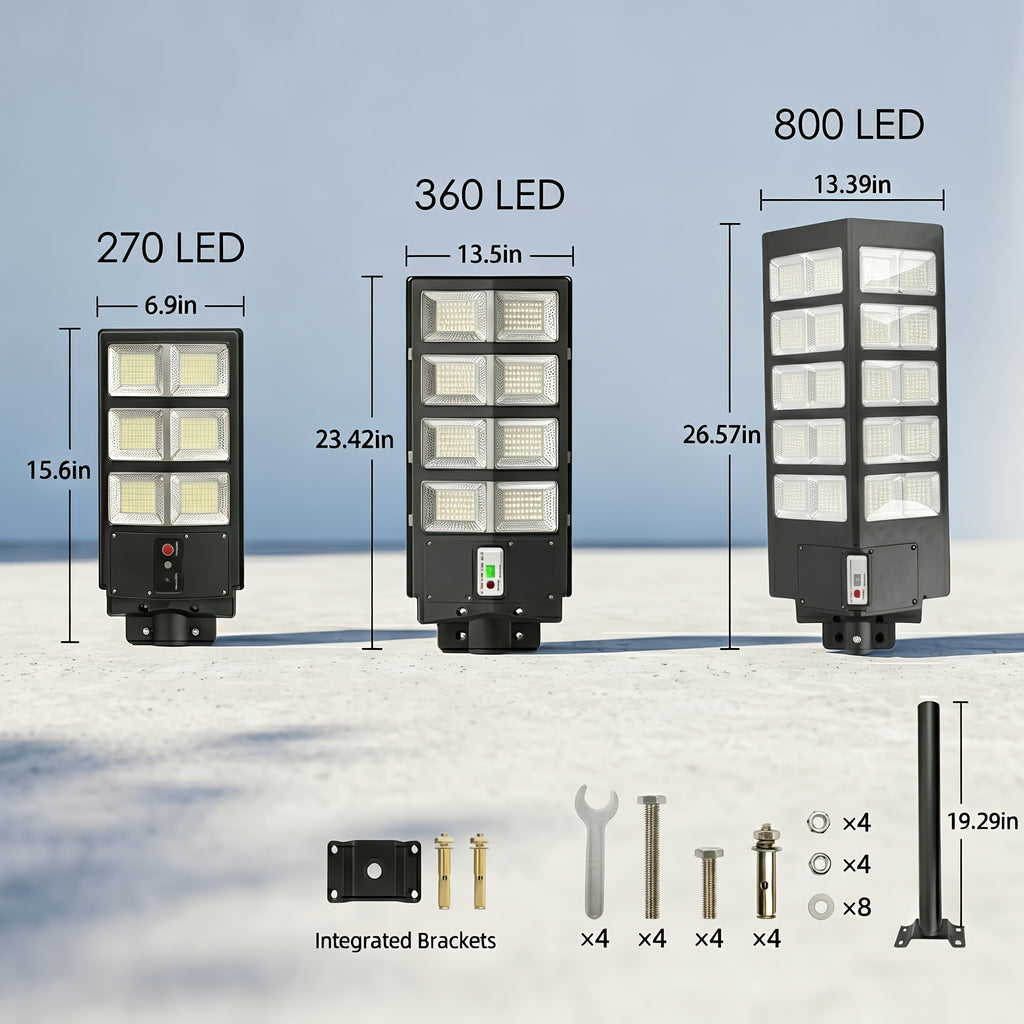 Solar Street Light with Motion Sensor and Remote Control, Matte Black Single-Pack 270, 360 or 800 LED Options with 6500K and Three Lighting Mode References
