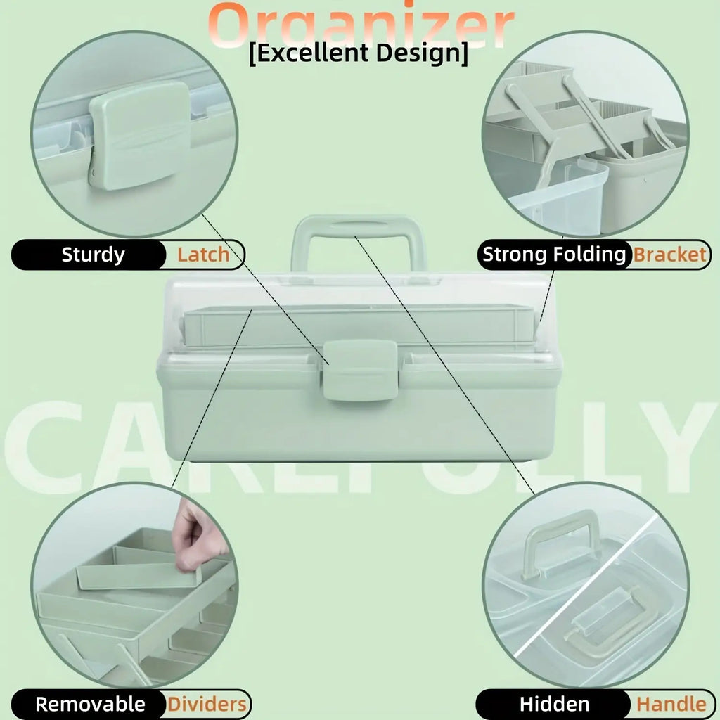 Folding Craft Storage Box with Listed Three-Layer Adjustable Design and Transparent Lid, Portable Organizer for Sewing Tools, Art Supplies and Scrapbooking Materials