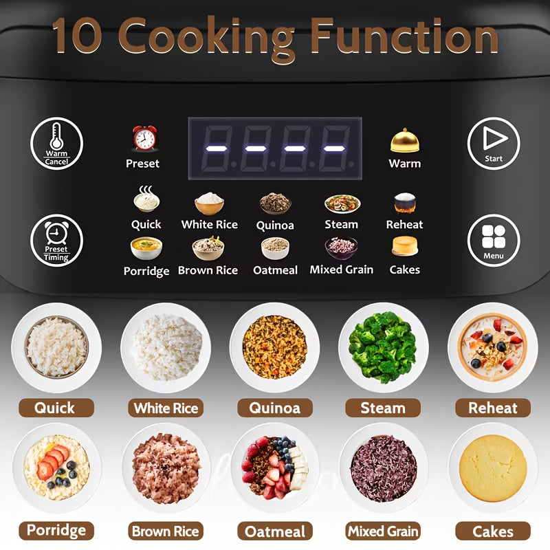 Multifunctional Rice Cooker with Listed 67 Oz Capacity and Ten-in-One Cooking Wording, White, Red or Black Options for Rice, Soup, Oatmeal and Small-Kitchen Meal Planning