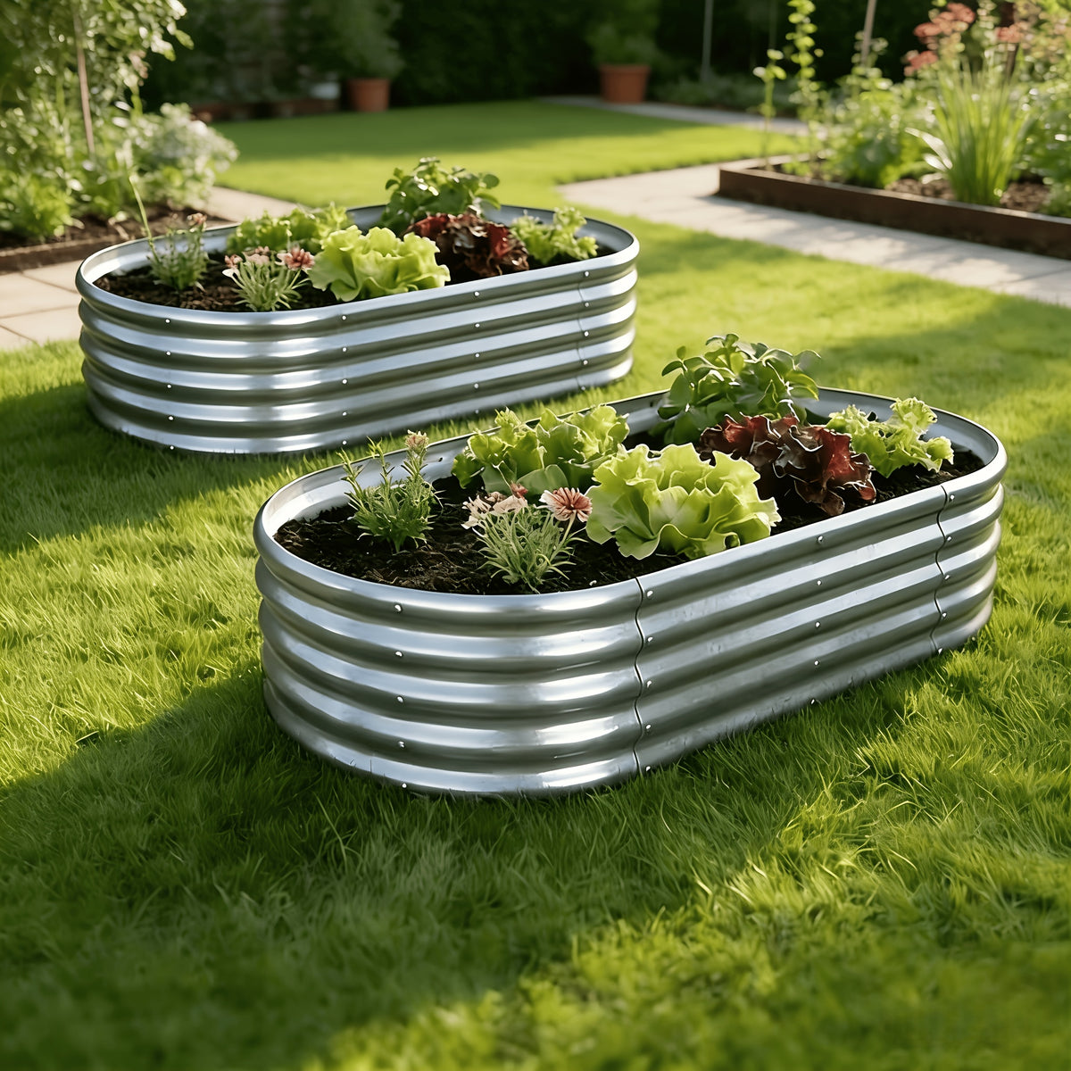 Galvanized Oval Planter Bed Pair for Outdoor Gardening, Listed 4 x 2 x 1 ft Raised Beds in Two-Piece Sets with Black or Brown Options for Home Planting Projects
