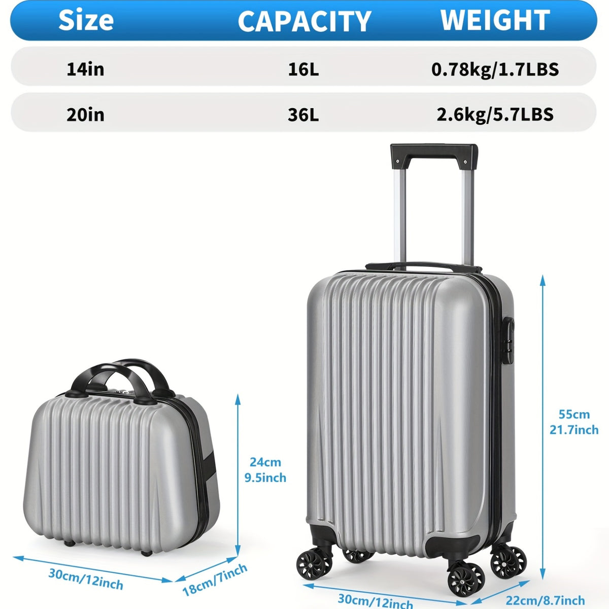 Wheeled Travel Suitcase and Luggage Set Options with Listed 20-Inch Case and Selected 14-Inch Handbag Configurations, Multiple Colors for Work Trips and Vacations