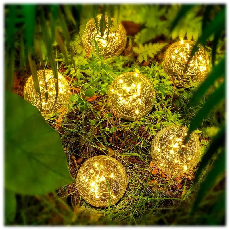 Warm White Solar Crackle Glass Ball Lights with Ground Stake Wording, Four, Six or Eight-Piece Packs for Decorative Garden Borders, Patios and Event Displays