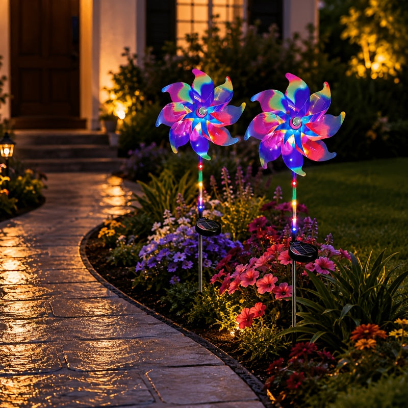 Solar Windmill Garden Lights 2-Pack with Color-Changing and 360-Degree Rotating Design, Colorful Purple or Blue Style Options for Patio and Path Displays