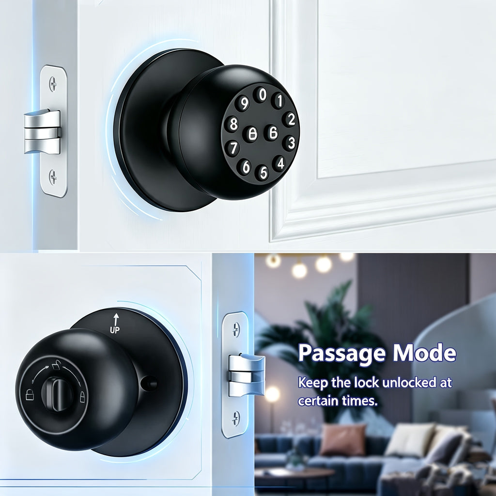 Keypad Door Knob Lock with Listed Keyless Entry, Mechanical Key Backup, Auto-Lock and Passage Mode, No App Required or Black Option Labels