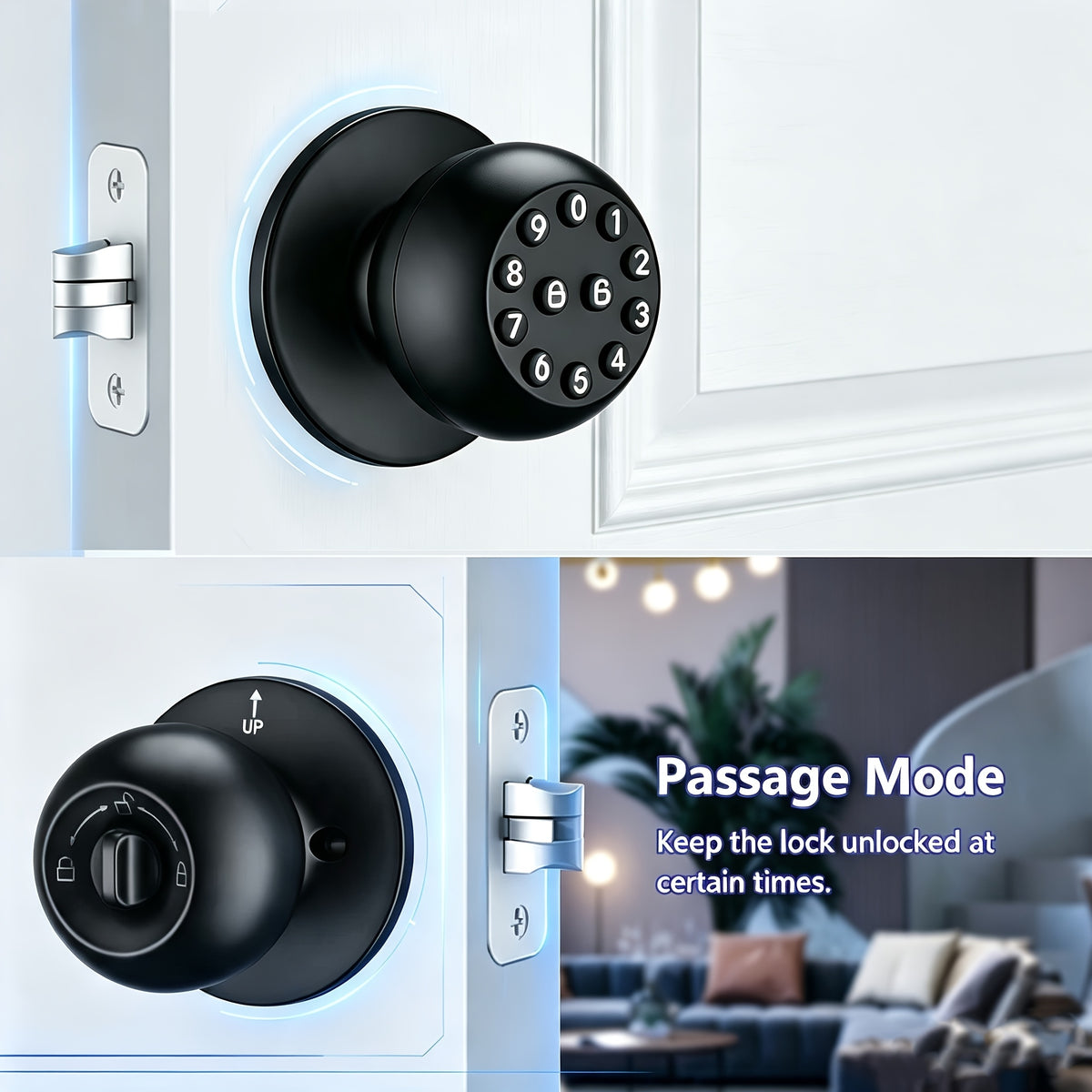 Keypad Door Knob Lock with Listed Keyless Entry, Mechanical Key Backup, Auto-Lock and Passage Mode, No App Required or Black Option Labels