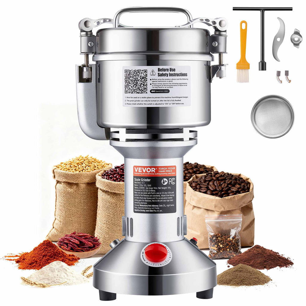 VEVOR Commercial Spice Grinder 750g, High Speed Electric Grain Mill Grinder with 28000 RPM Stainless Steel Pulverizer, Powder Machine for Dry Grains, Spices, Coffee, Corn and Pepper, 30-300 Mesh Fine Grinding, Straight Type
