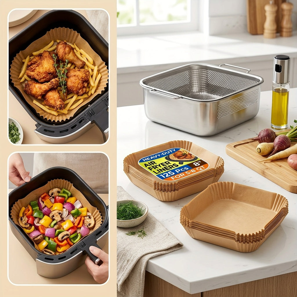 Disposable Air Fryer Paper Liners, 8-Inch Square Bleach-Free Nonstick Baking Liners in 125 or 250 Count Options for Compatible 5–8QT Baskets