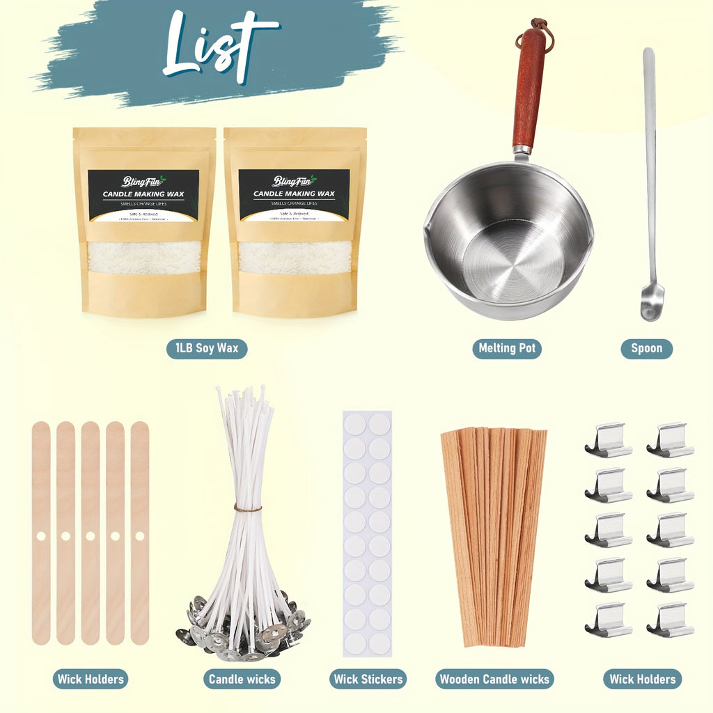 Soy Candle Craft Kit by BlingFun, DIY Candle Making Supplies with Listed Wicks, Colorants, Fragrance Oils and Thermometer for Home Decor and Handmade Gifts