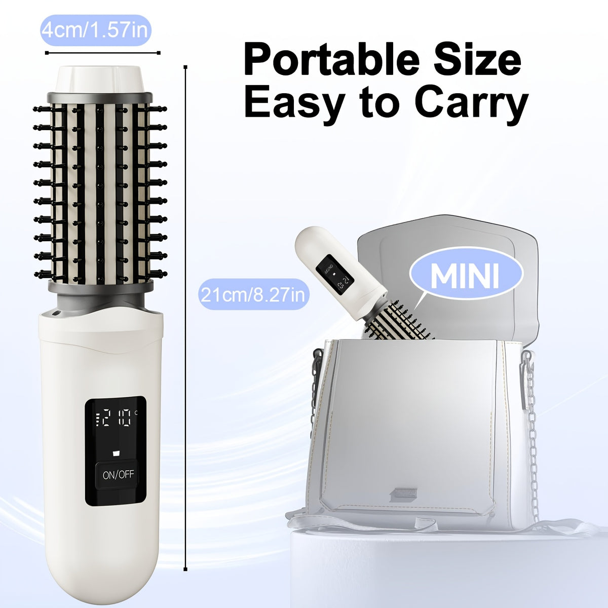 Rechargeable Hair Styling Brush with Cordless 2-in-1 Curler and Straightener Functions, Listed LED Display in White or Grey for Everyday Hair Styling Routines