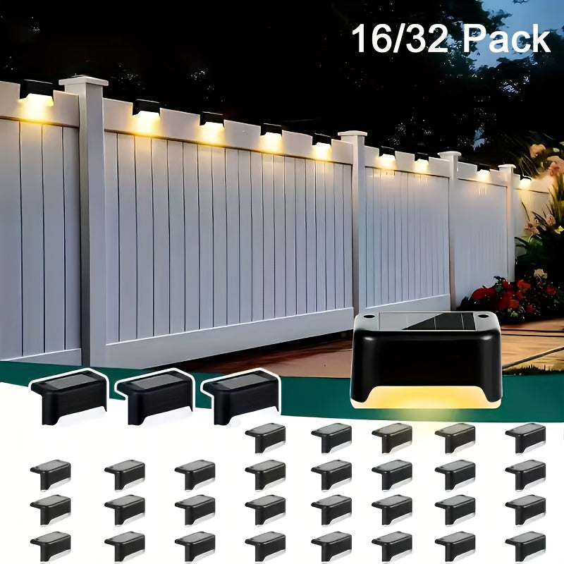 Solar Deck Accent Lights with Automatic Dusk-to-Dawn Switching, 16 or 32 Piece LED Packs in Black, White or Brown for Outdoor Steps, Fences and Patios