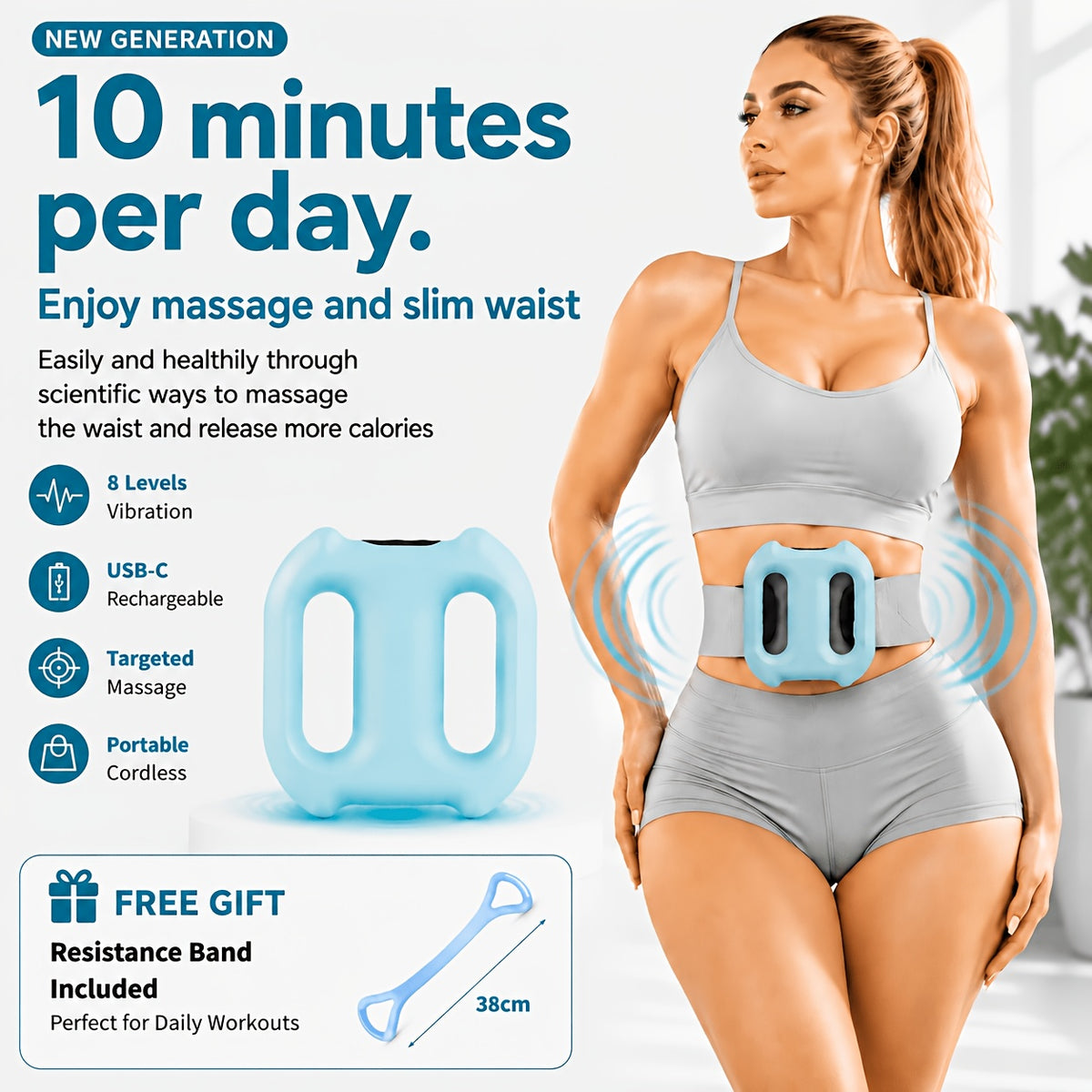 Double-Ring Electric Massager with Listed Eight Modes and Adjustable Belt, Resistance Band Package Reference for an Instruction-Guided Personal Care Routine