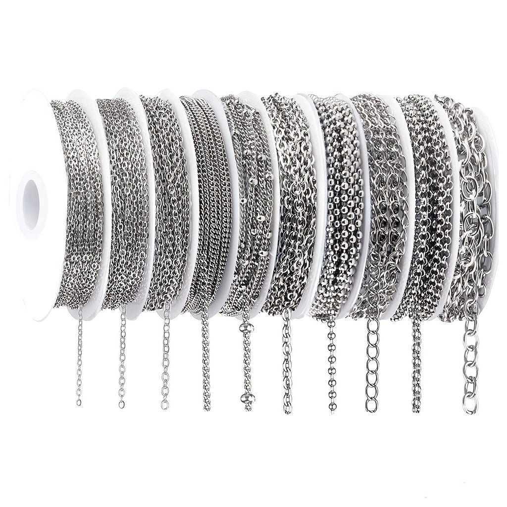 Stainless Steel Jewelry Chain Making Kit, 304 Chain Rolls with 10- or 15-Roll Options for DIY Bracelets, Necklaces, Anklets and Handmade Gifts