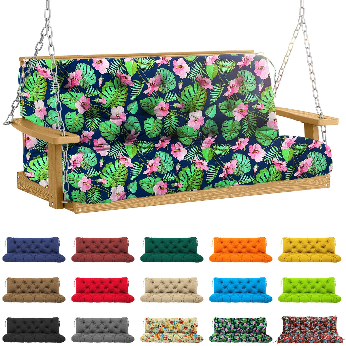 Porch Swing Replacement Cushion with Backrest and Ties, Listed 5-Inch Thickness, 48 or 60-Inch Size Labels and Five Color Choices for Patio Bench Seating