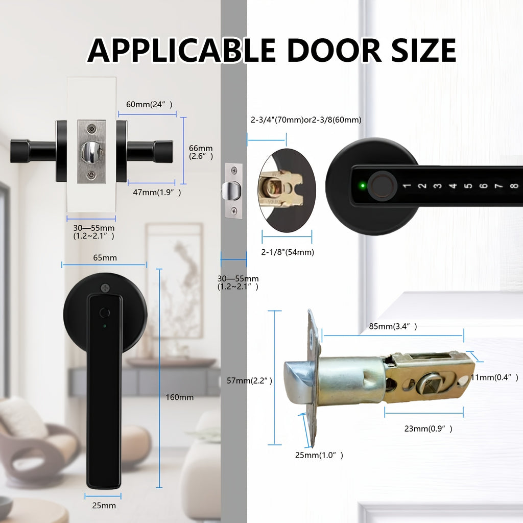 Fingerprint Door Lock Knob in Black with Listed IC Card, Code and Mechanical Key Access, Electronic Handle for Compatible Bedroom, Home and Office Doors