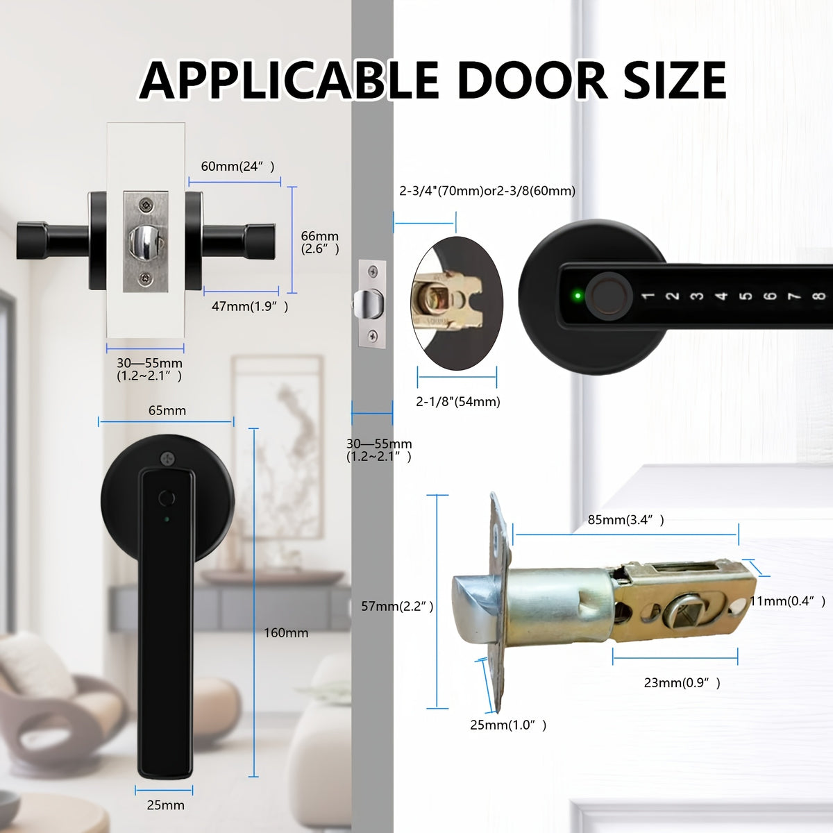 Fingerprint Door Lock Knob in Black with Listed IC Card, Code and Mechanical Key Access, Electronic Handle for Compatible Bedroom, Home and Office Doors