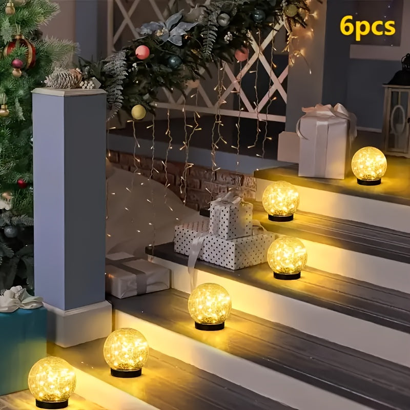 Solar Garden Ball Lights with Crackle Glass, Warm White LED Decorative Globes in 4 or 6 Piece Sets for Patio, Lawn and Outdoor Garden Decor