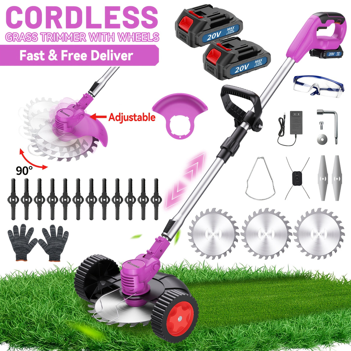 Cordless Electric Yard Weeder, Portable Lithium-Ion Battery Lawn and Garden Cutting Tool with Basic, Yellow or Purple One- and Two-Battery Options