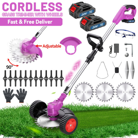 Cordless Electric Yard Weeder, Portable Lithium-Ion Battery Lawn and Garden Cutting Tool with Basic, Yellow or Purple One- and Two-Battery Options