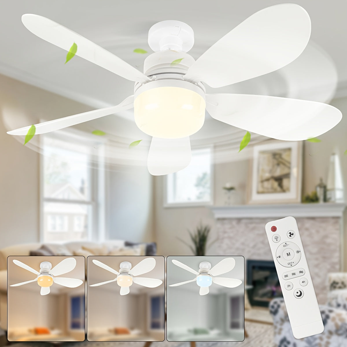 E26 Screw-In Fan Light with Remote, 20.5-Inch Dimmable LED Ceiling Fan in White, Black or Wood Grain for Compatible Bedroom, Kitchen and Garage Fixtures