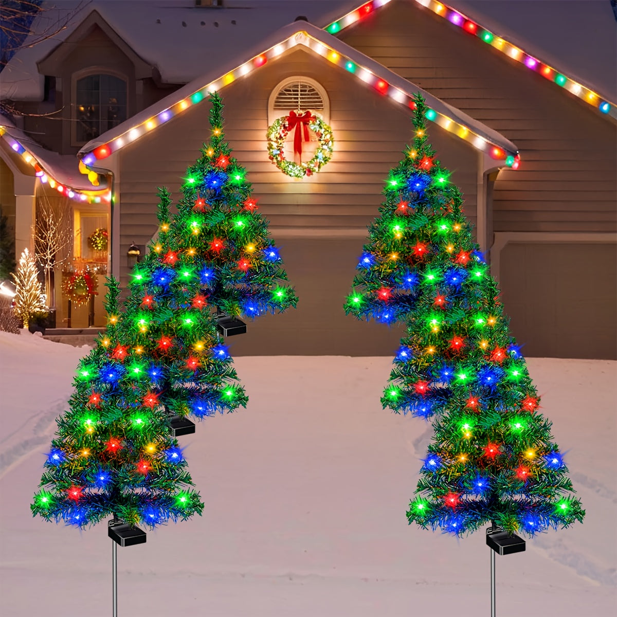 Solar Christmas Tree Lights with Listed IP65 Rating, Plastic Outdoor Holiday Decorations in One, Two or Four-Piece Options for Lawns, Terraces and Balconies