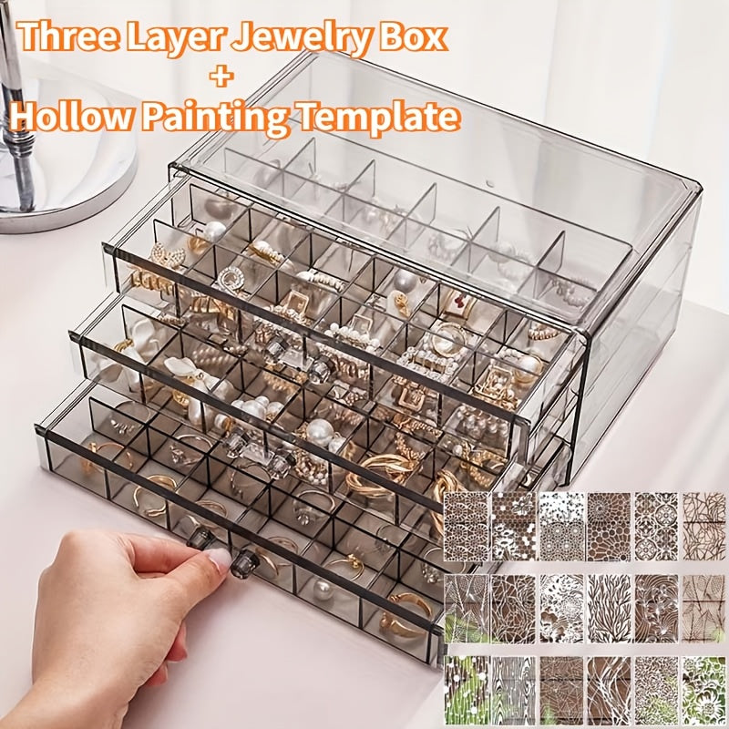 Three-Layer Jewelry Organizer with 72 Listed Compartments for Earrings, Rings and Small Accessories, Clear Storage Design with Optional Blank Painting Template
