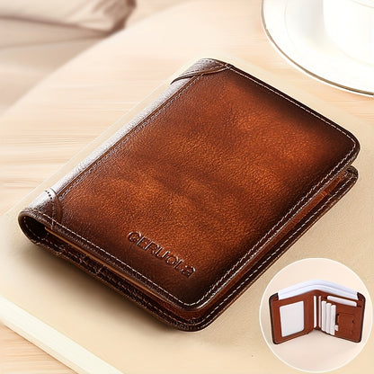 RFID Blocking Leather Wallet for Men with Listed Two ID Windows and Vintage Short Design, Yellow Brown, Grey Blue and Black Bifold Style Options