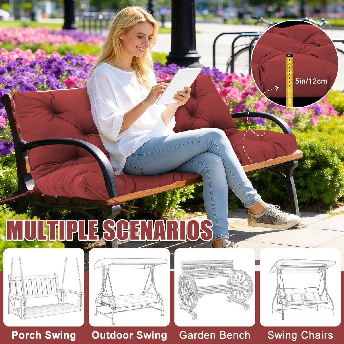 Porch Swing Replacement Cushion with Backrest and Ties, Listed 5-Inch Thickness, 48 or 60-Inch Size Labels and Five Color Choices for Patio Bench Seating