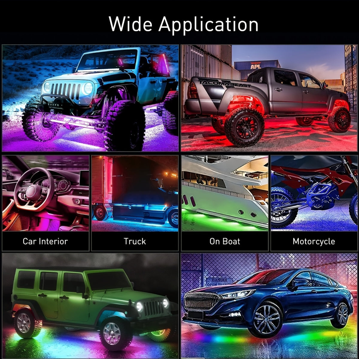 Exterior LED Accent Lighting Kit with Multiple Scene Modes, App and Wireless Control for Compatible Car, Truck and SUV Decorative Vehicle Lighting