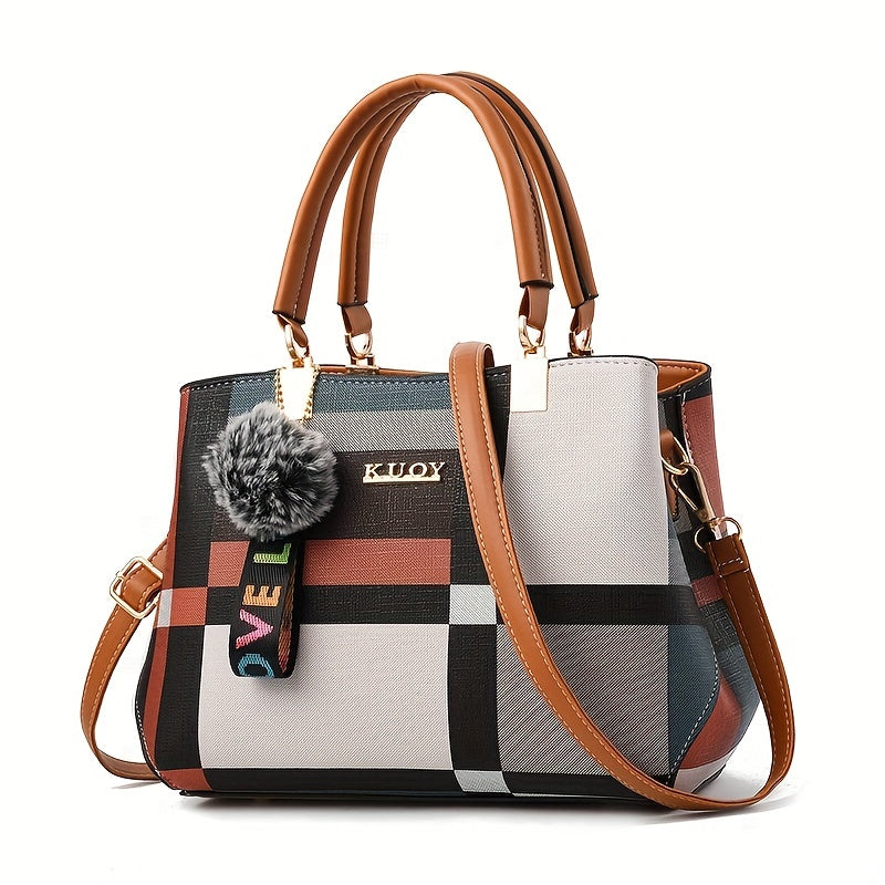 Plaid Colorblock Satchel Purse with Plush Ball Pendant, Burgundy or Black Handbag with Tote and Crossbody Styling References for Everyday Outfits and Casual Occasion Accessories