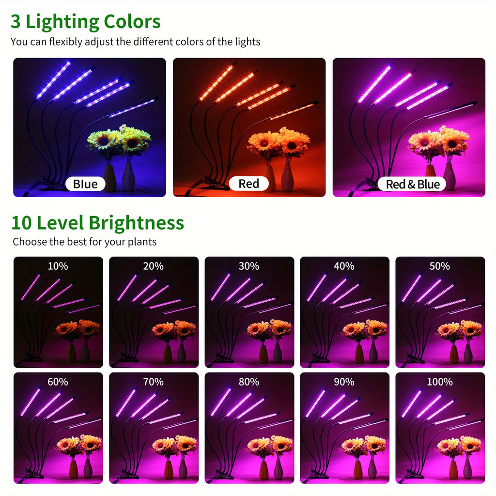 LED Plant Grow Lamp with 3, 9 or 12 Hour Timer, Adjustable Brightness and Swivel Tube, Clip or Floor Options with Multiple Lamp Heads for Indoor Gardening