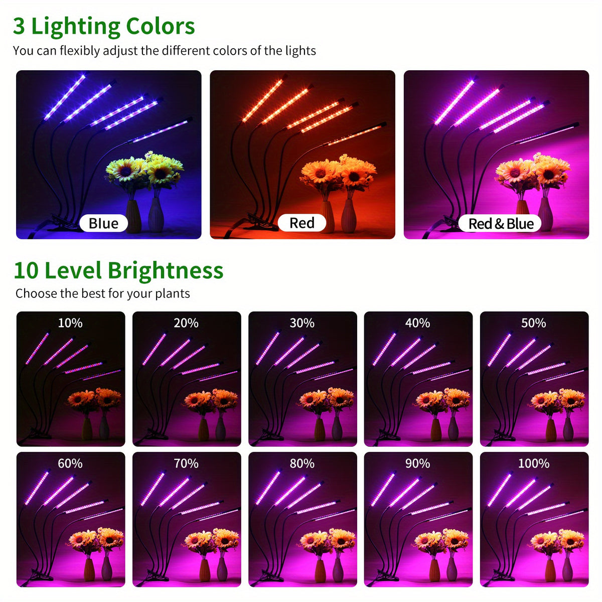 LED Plant Grow Lamp with 3, 9 or 12 Hour Timer, Adjustable Brightness and Swivel Tube, Clip or Floor Options with Multiple Lamp Heads for Indoor Gardening