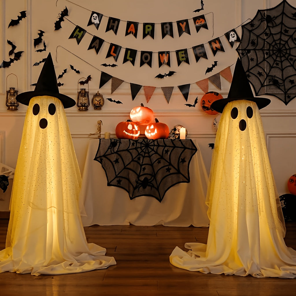 Witch Hat Ghost Decorations, Two-Piece Lighted Halloween Display Set with String Lights in White Ghost or Warm Color Options for Seasonal Home and Party Decor