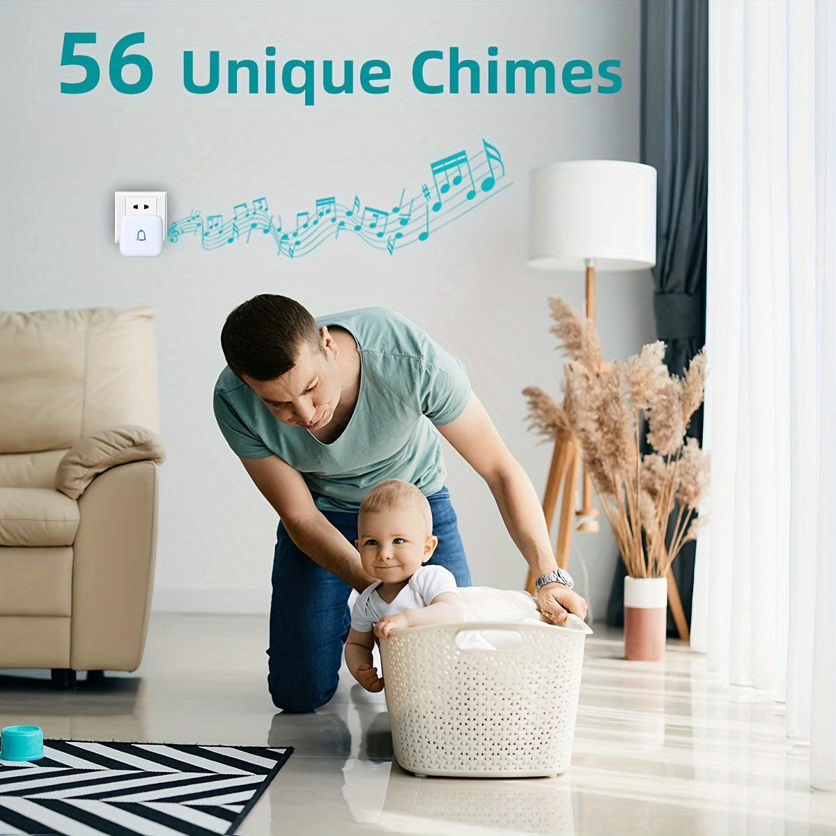 Wireless Doorbell Chime Kit with 1 Button and 2 Chimes, 56 Melodies, 7 Volume Levels and Mute Mode, Listed 1000ft Range for Home and Office