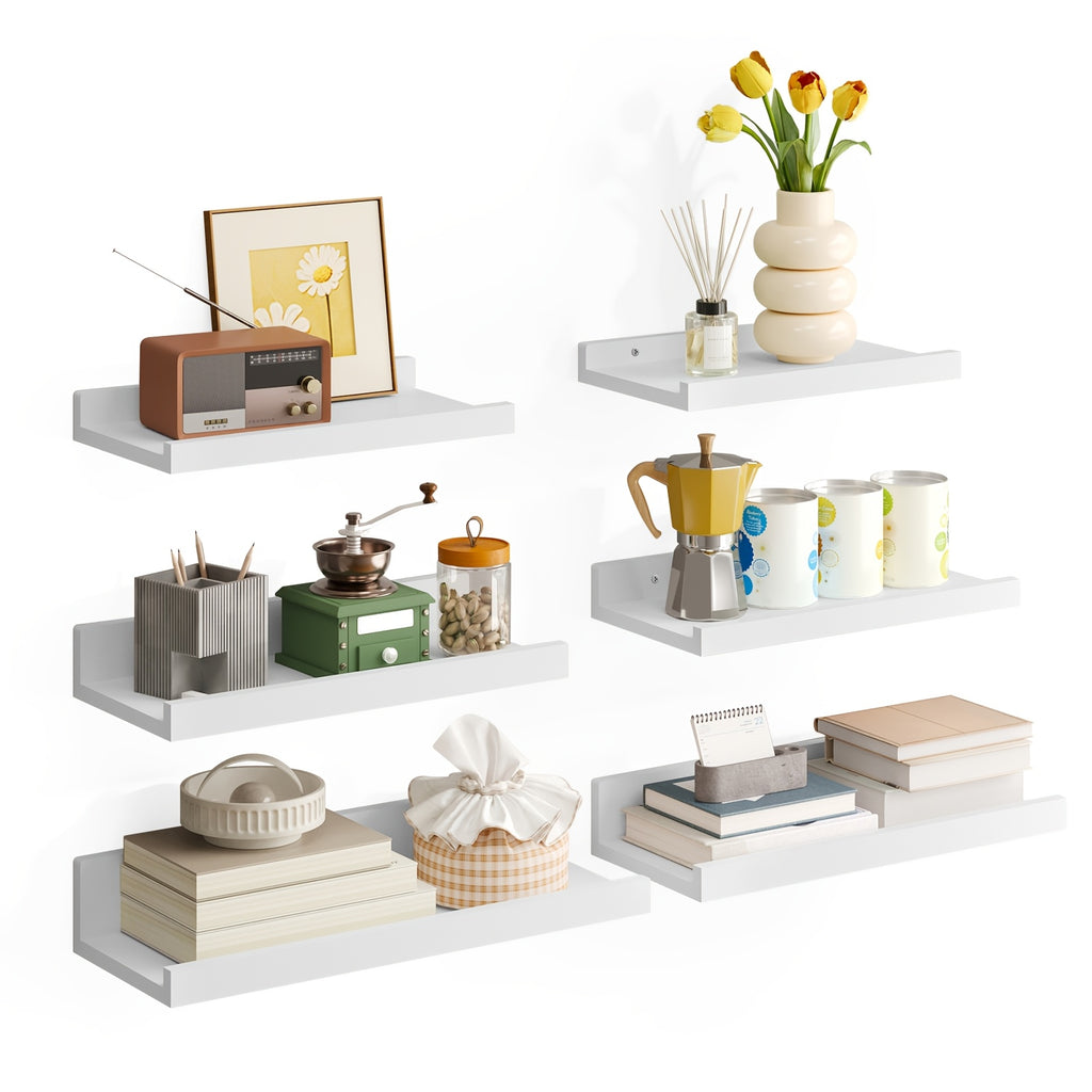 Six-Size Floating Wall Shelf Set with White, Brown or Black Options, Six Listed Wall-Mounted Shelves for Bedroom Organization and Decorative Home Displays