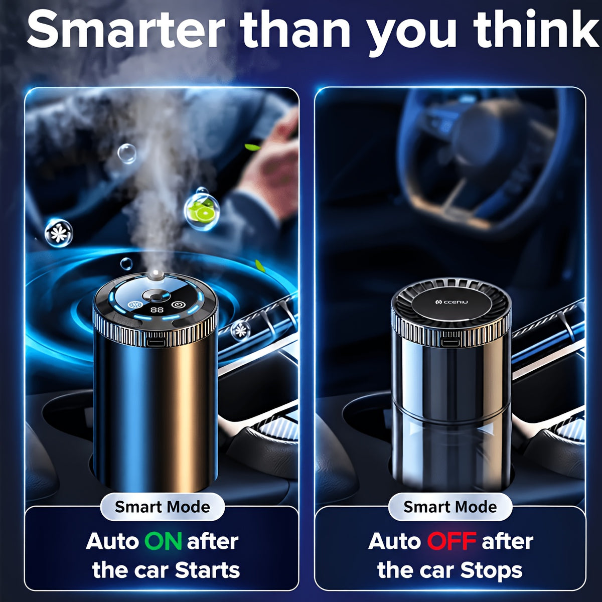 Rechargeable Car Air Freshener Set with Three Fragrance Bottles, Adjustable Smart Diffuser with Automatic Switch and Five Listed Scent Options