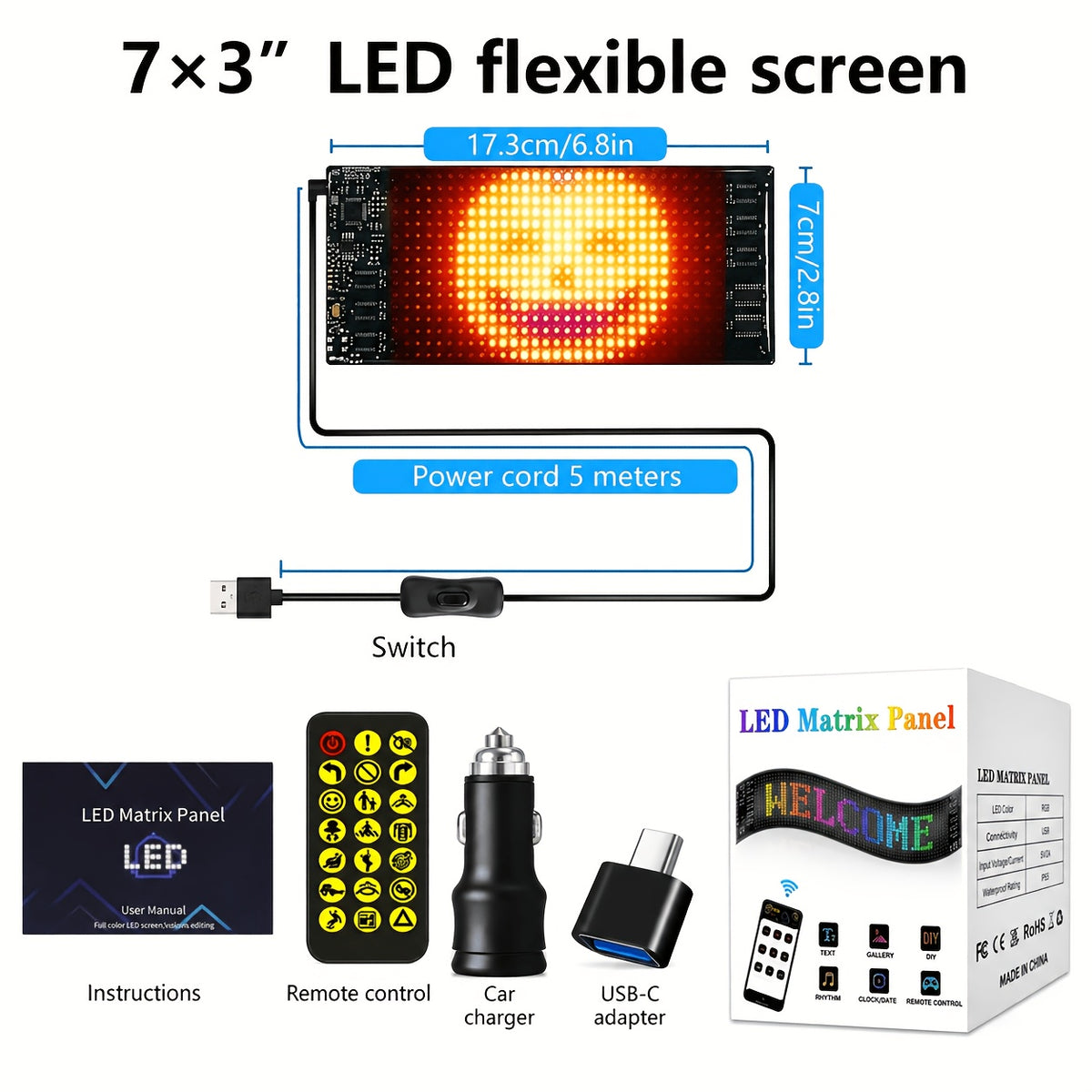 App-Programmable LED Message Board with Scrolling Animated Text and USB Power, Listed Car Charger and Adapter, 15 x 4-Inch or 7 x 3-Inch Set Options for Parties