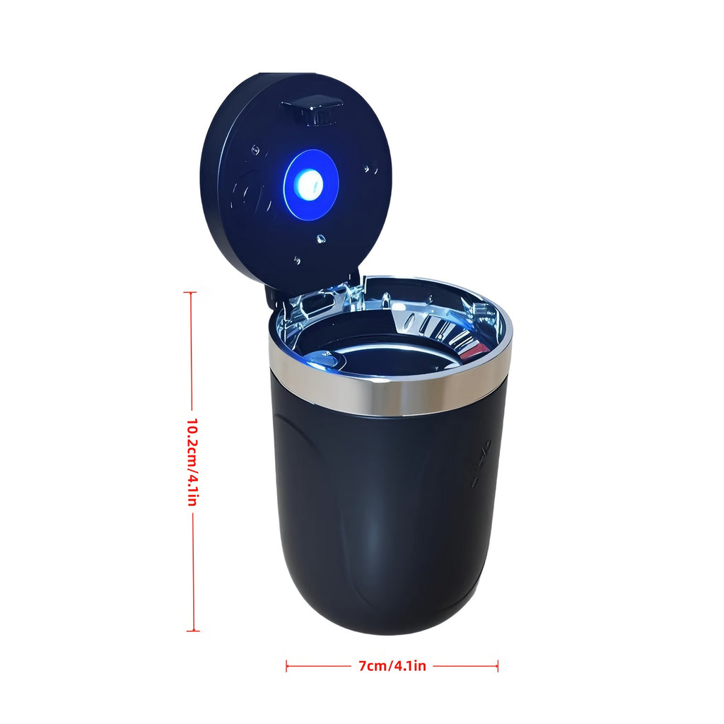 Automatic Car Ashtray with Detachable Cleaning Brushes, Compact Battery-Powered Vehicle Accessory in Black, Blue or Red Single and Paired Option Labels