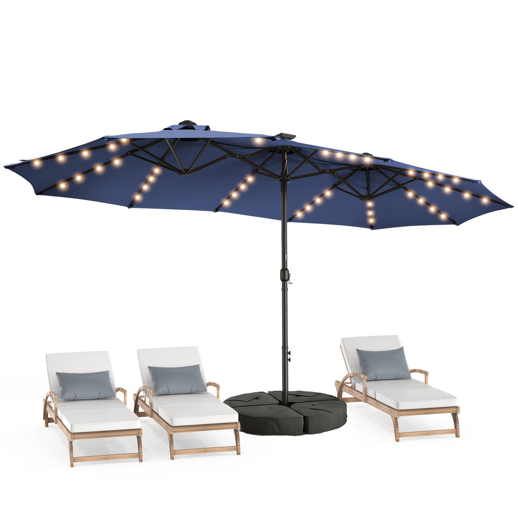 Double-Sided Solar Patio Umbrella with 48 LED Lights, 15ft Outdoor Shade Canopy with Crank Handle, 12 Ribs, Base and Four Sandbags in Blue or Light Blue
