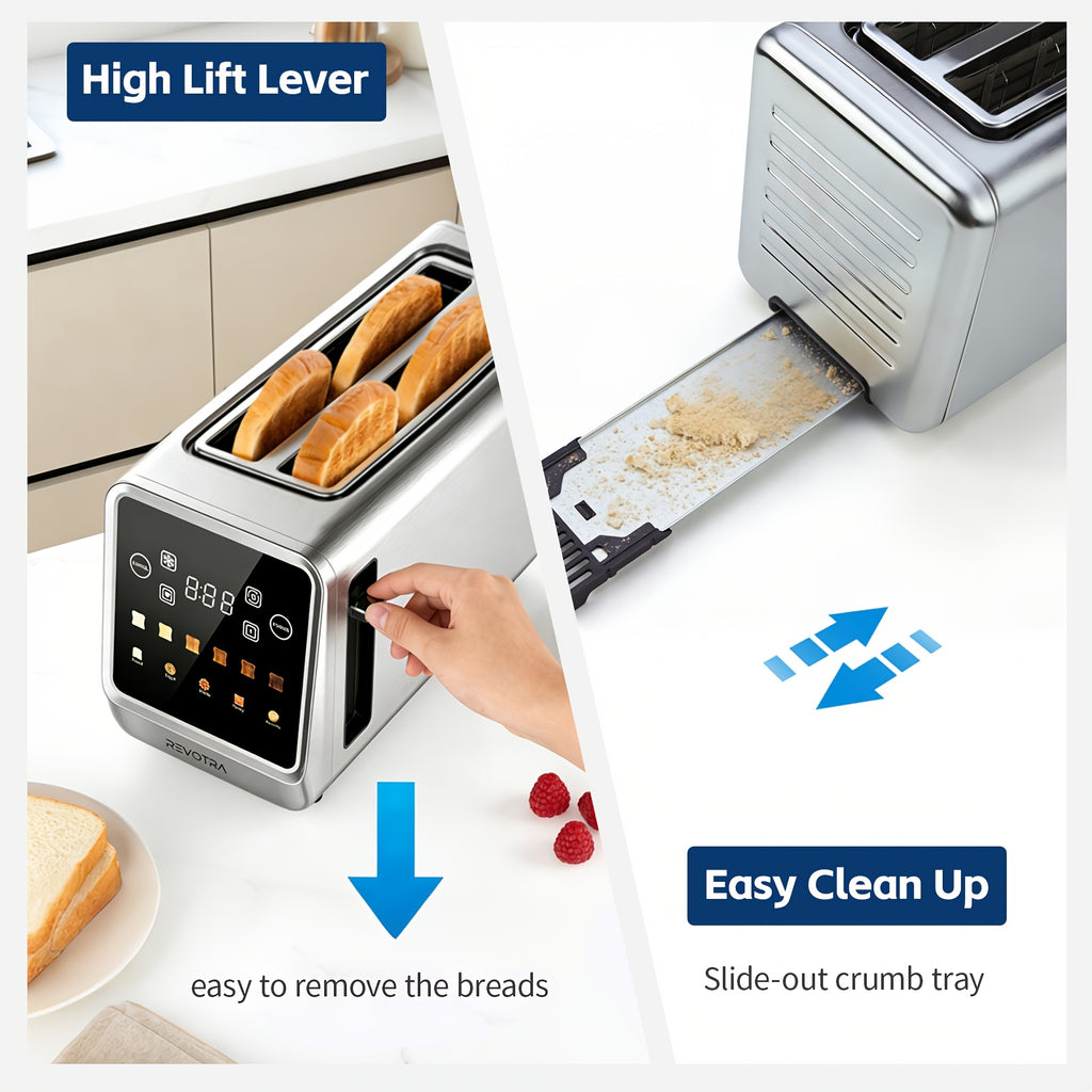 Touchscreen Four-Slice Long Slot Toaster with Listed 1.5-Inch Wide Slots, Six Shade Settings, Countdown Display, Memory and Dual Independent Controls, Stainless Steel