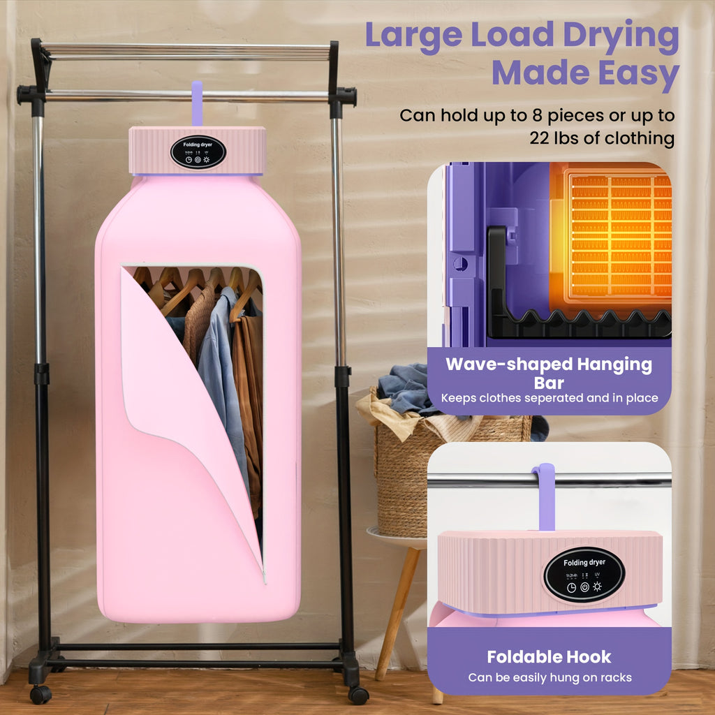Foldable Portable Clothes Dryer with Timer and Listed Built-In LED UV Feature, Compact Laundry Care Machine in Pink, Khaki or Purple for Apartment, Travel and RV Use