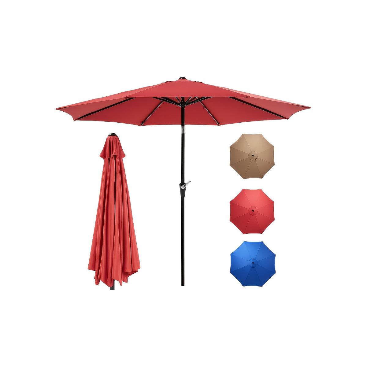 Crank Lift Patio Umbrella, 10ft Market Shade with Push Button Tilt and Eight Ribs in Red or Blue for Garden Seating, Backyard Tables, Decks and Poolside Lounging
