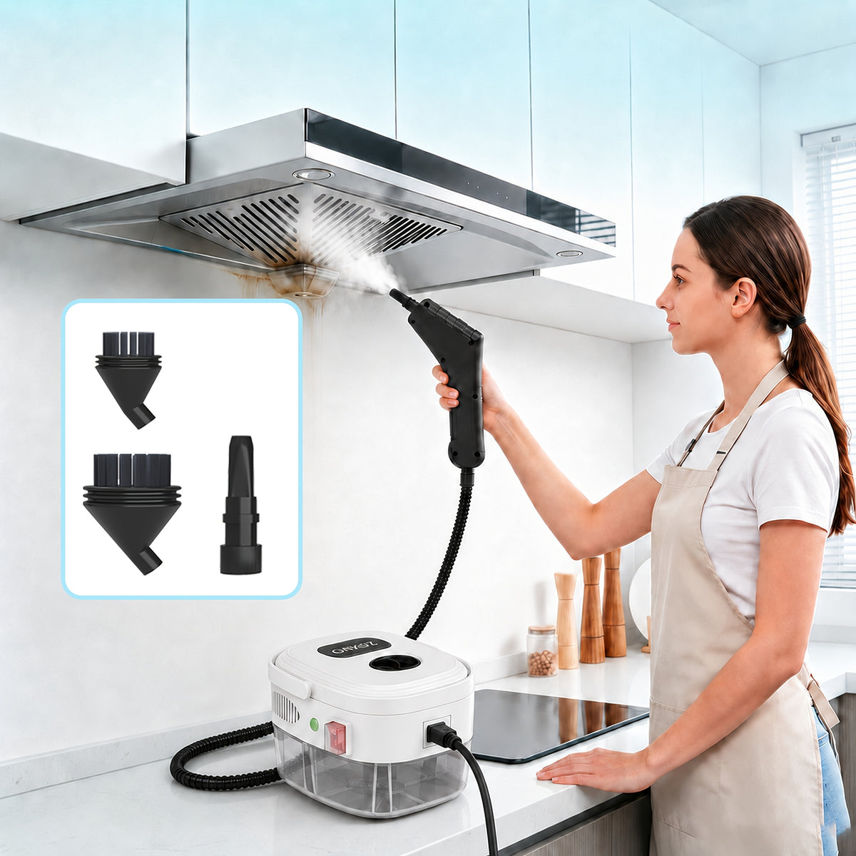 Portable Handheld Steam Cleaner with White 1200W Fixed-Steam or Black and White 1500W Adjustable-Steam Option Labels, Three or Nine Listed Accessories