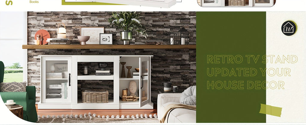Retro TV Stand with Open Storage Shelves, Black, Rustic Brown or Greige Media Console for Compatible Television Setups in Living Rooms and Bedrooms