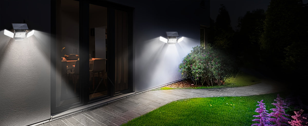 Four-Head Solar Motion Sensor Outdoor Lights, 2-Pack 288 LED Floodlights with Remote Control, 4 Lighting Modes and IP65 Rating for Yard, Patio and Garage