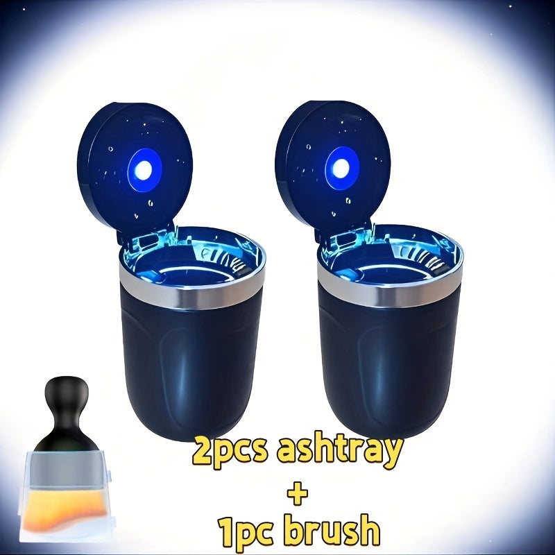 Automatic Car Ashtray with Detachable Cleaning Brushes, Compact Battery-Powered Vehicle Accessory in Black, Blue or Red Single and Paired Option Labels
