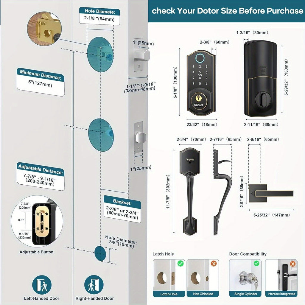 SMONET Fingerprint Deadbolt and Handle Set with Bluetooth, Digital Keypad, Phone App and Auto-Lock Wording, Black, Silvery or Oil Rubbed Bronze Options